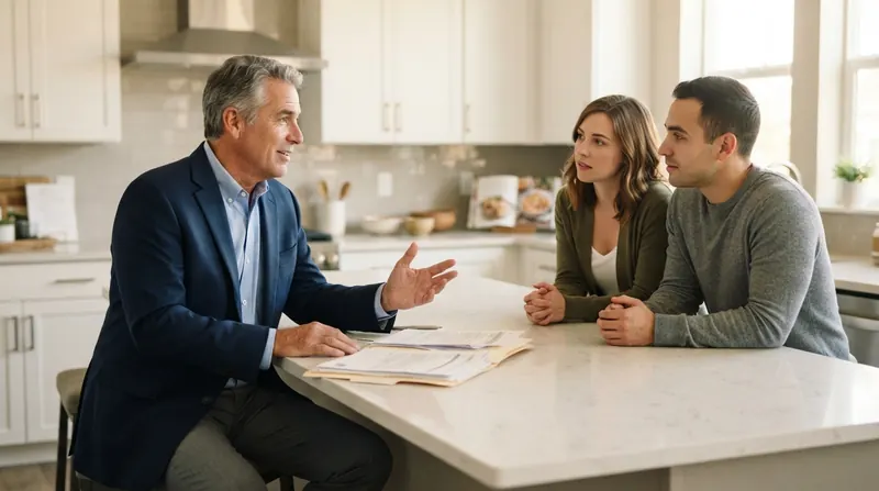 A man in his sixties pausing mid-sentence while presenting to a young couple at a kitchen island