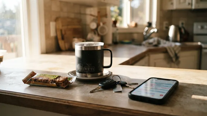 A granola bar, a travel mug, car keys and a phone on a kitchen counter in the morning