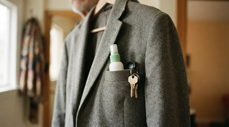 A small white spray bottle and car keys in the pocket of a grey blazer