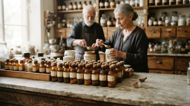 Rows of small amber glass vials and a pipette on an apothecary counter
