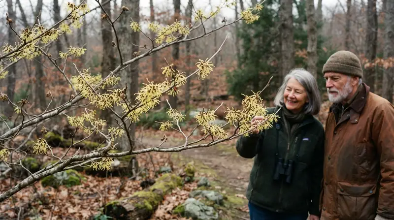 Witch hazel blossoms on bare autumn branches