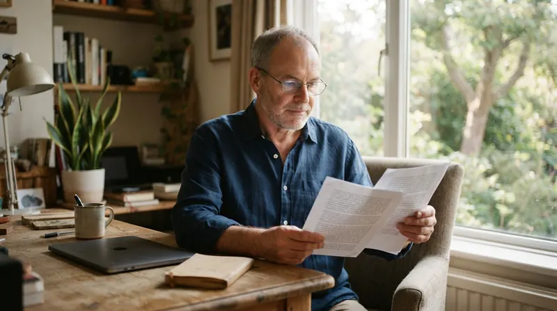 A man in his sixties reading printed pages at a home office desk
