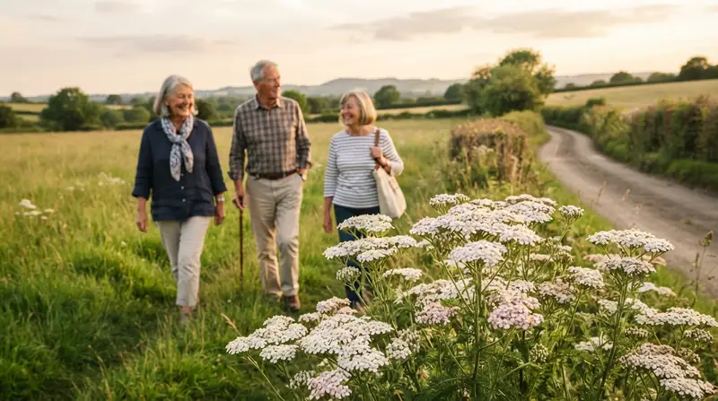 White yarrow flowers in a summer meadow