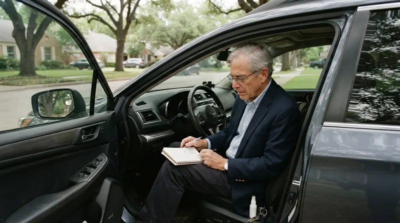 A man in his sixties reviewing notes in his parked car before a meeting