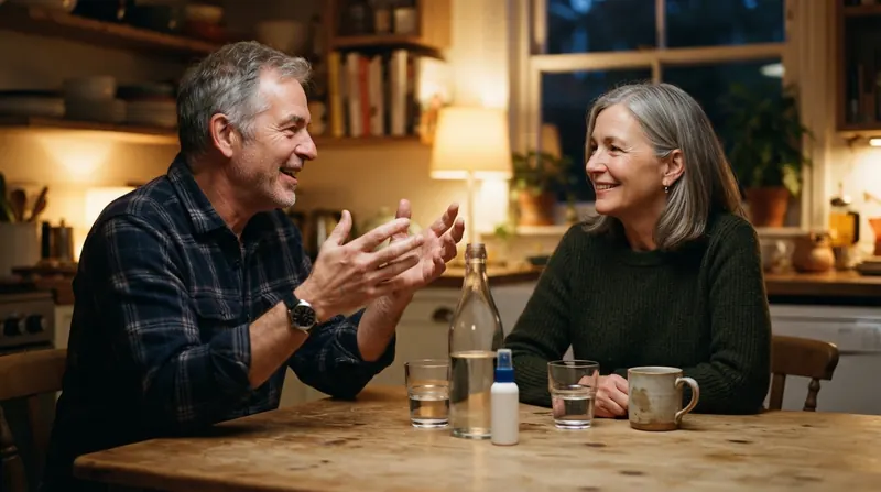 A couple in their sixties talking at a kitchen table in the evening