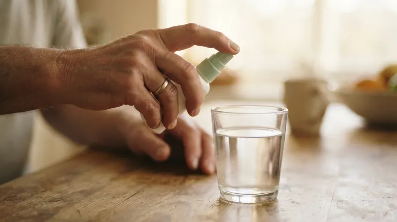 A hand holding a small white spray bottle above a glass of water