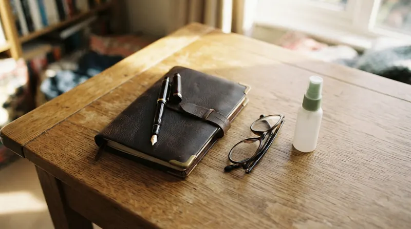 A notebook, pen, reading glasses and a small white spray bottle arranged on a desk