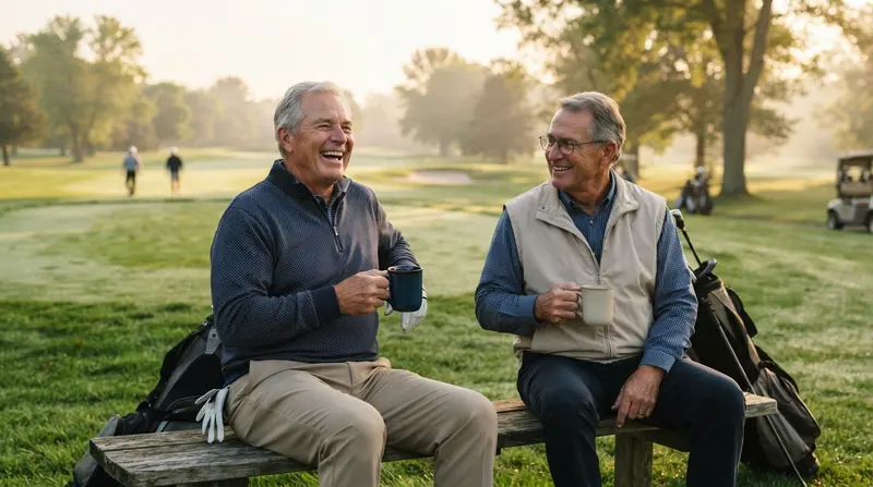 Two men in their sixties talking on a bench beside a golf course in the morning