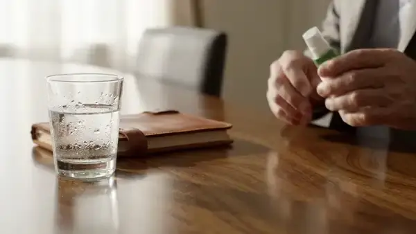 Hands placing a small white spray bottle beside a notebook and a glass of water on a conference table